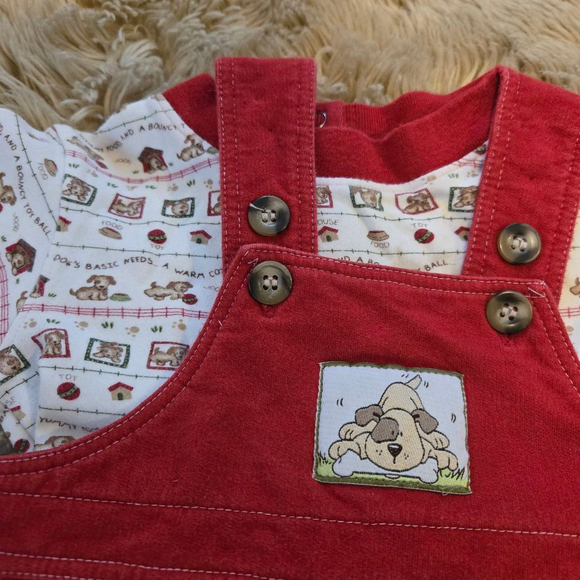 Vintage Two Piece Health Tex Baby Boys Red Puppy Dog Bodysuit Overalls set - Picture 2 of 6